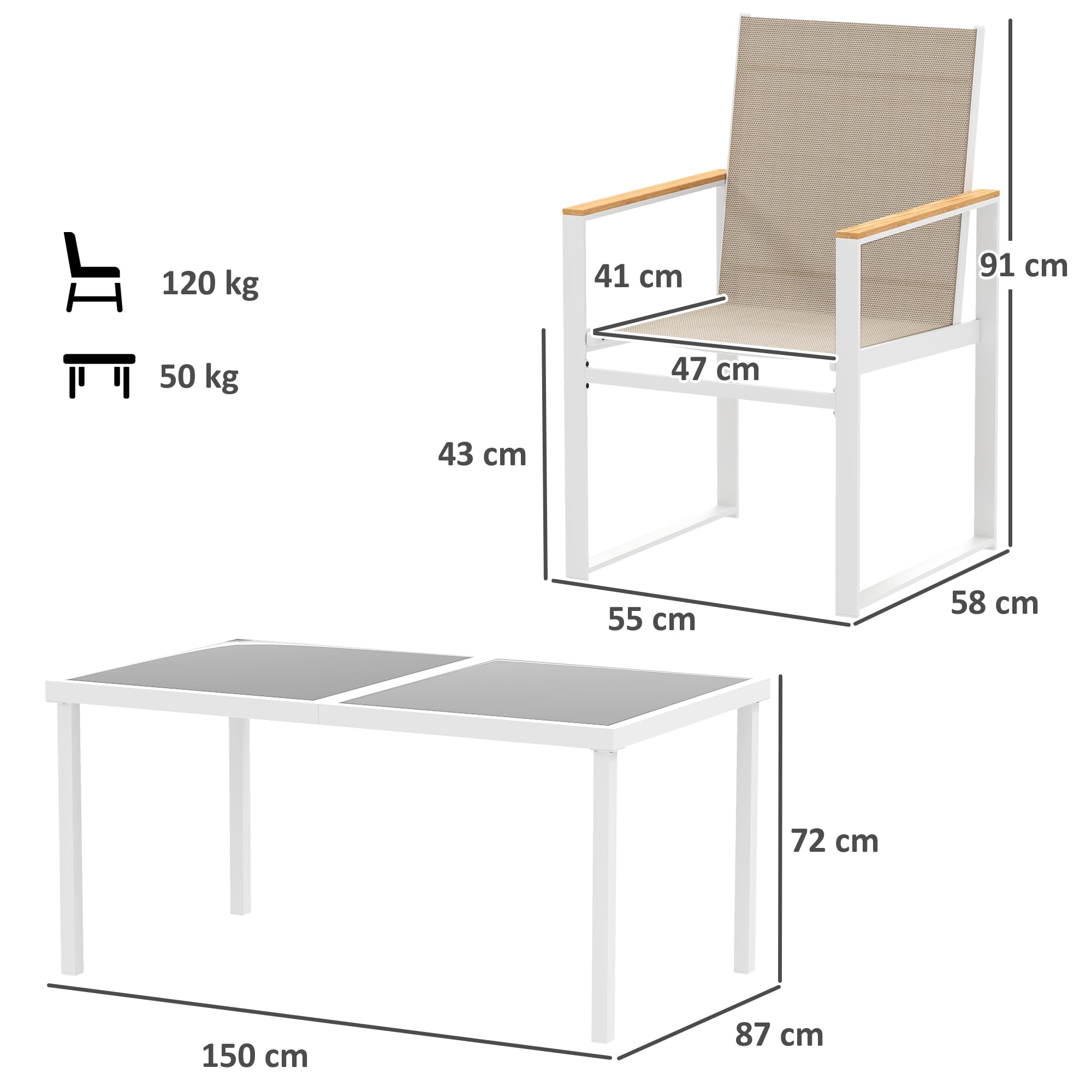 Outsunny Set Tavolo da Giardino con Sedie da 5 Pezzi in Vetro Multicolore | Set da Pranzo, 4 Sedie da Esterno con Braccioli e Schienale Alto, Set di Mobili in Acciaio e Textilene
