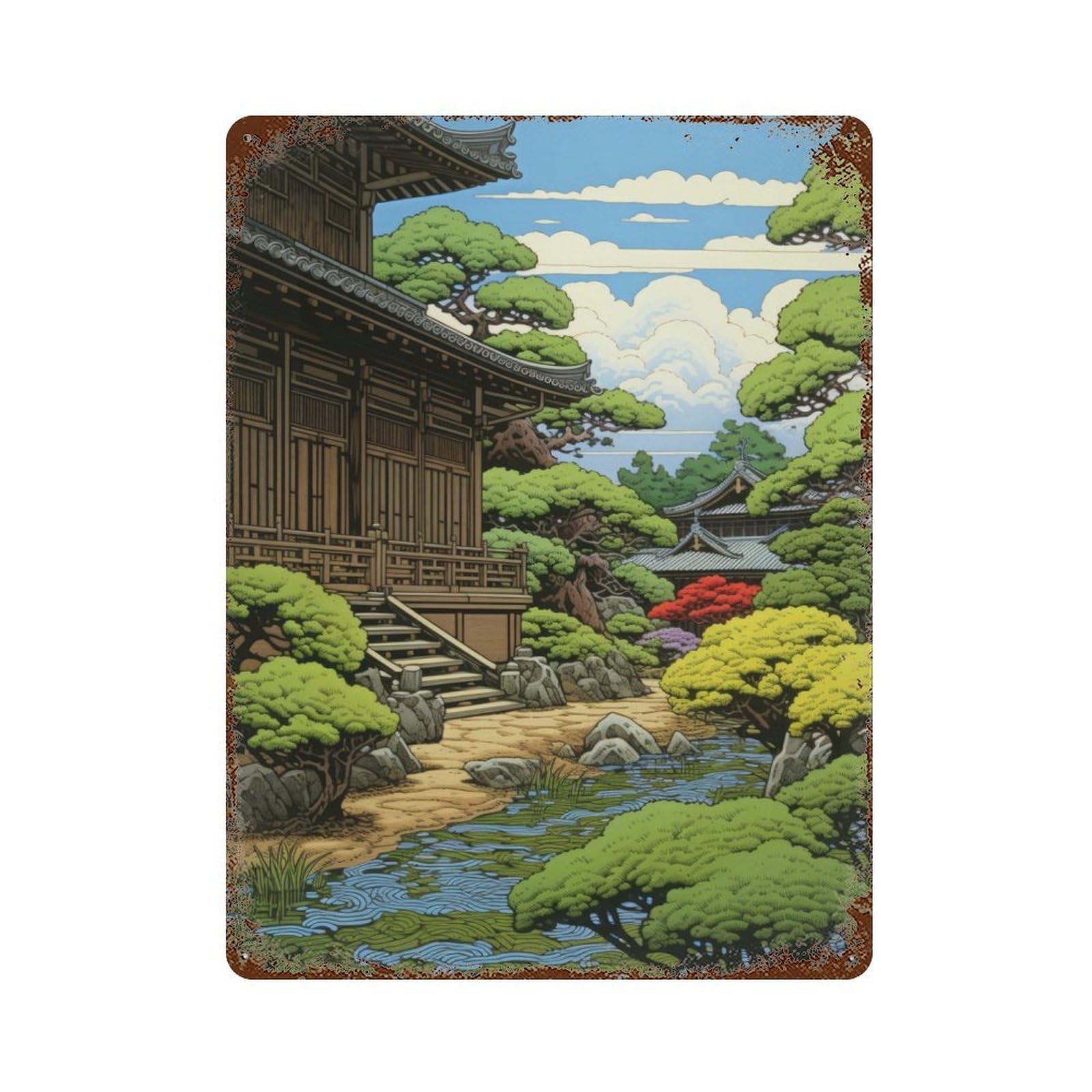 Aged Metal Wall Plaque with Bonsai Japanese Design 15.7"x11.8", for Farmhouse, Kitchen And Entryway Decor, Old School Wall Decor