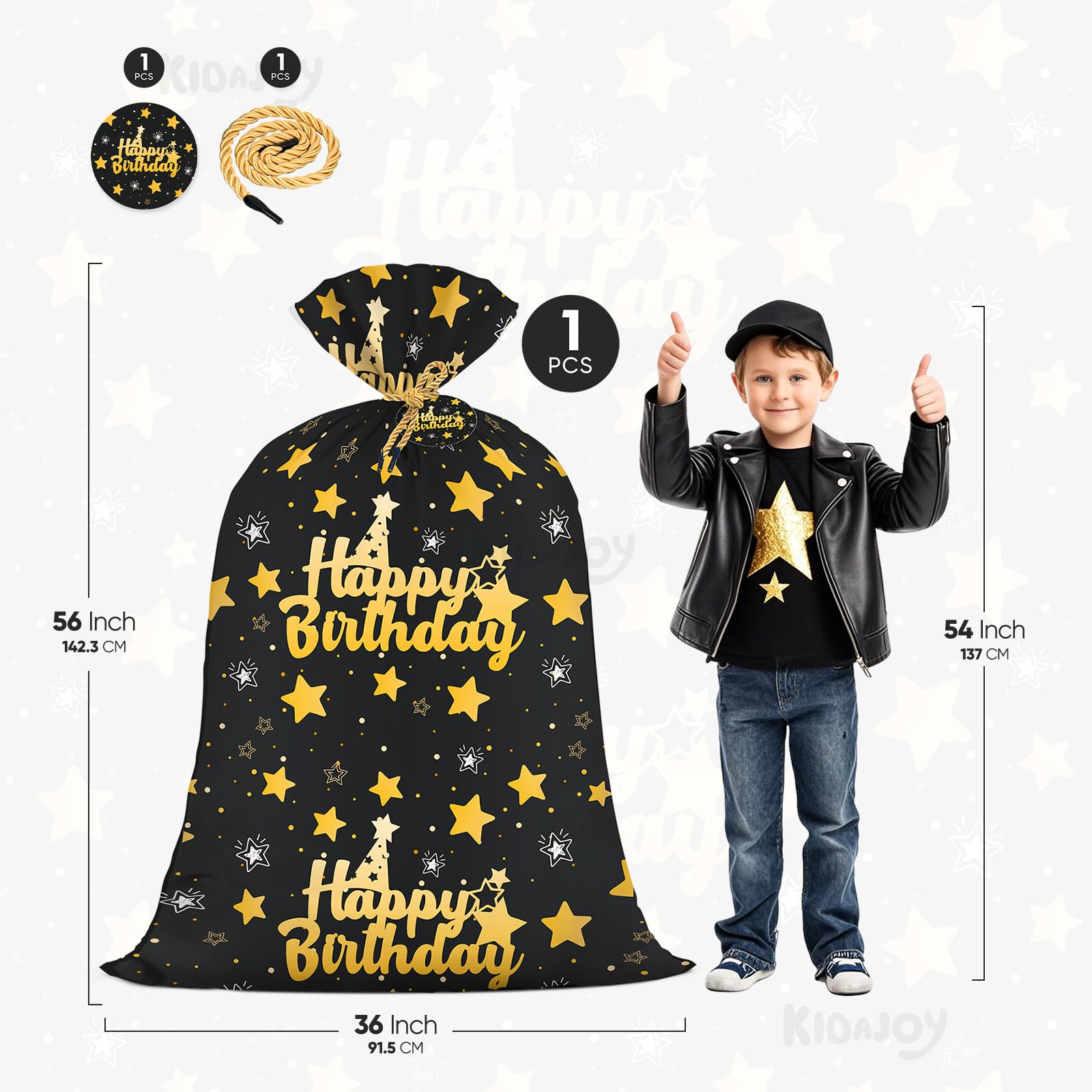 Extra Large Birthday Plastic Gift Bags Boys Black and Gold 36x56 Inch Jumbo Black Gift Bag XL Happy Birthday Themed Kids Women Men Party Favors Decorations Golden Star