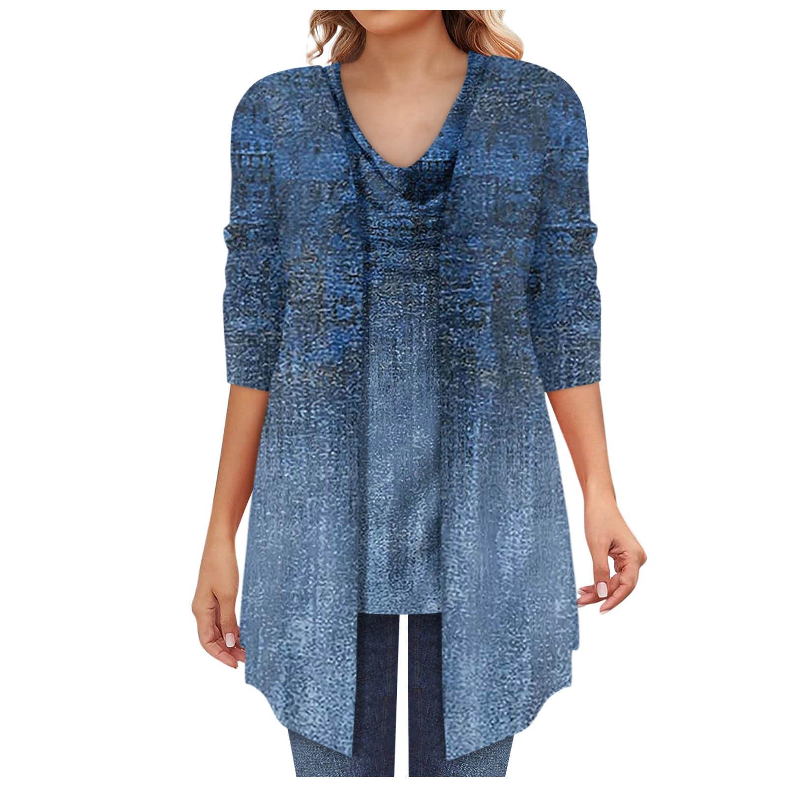 3/4 Length Sleeve Summer Cardigan for Women Cowl Neck Womens Tank Tops Summer T Shirts for Women Printed 2 Piece Set