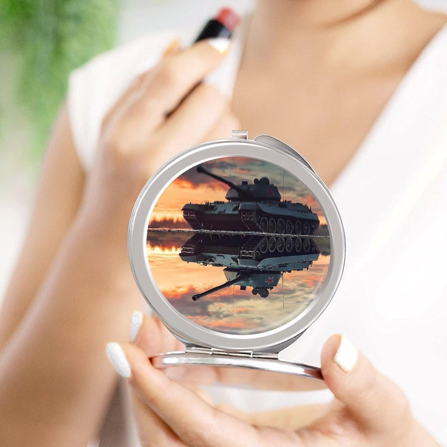 Military Tank Army Compact Makeup Mirror Mini Foldable Cosmetic Mirror Portable Travel Mirror for Purse Pocket