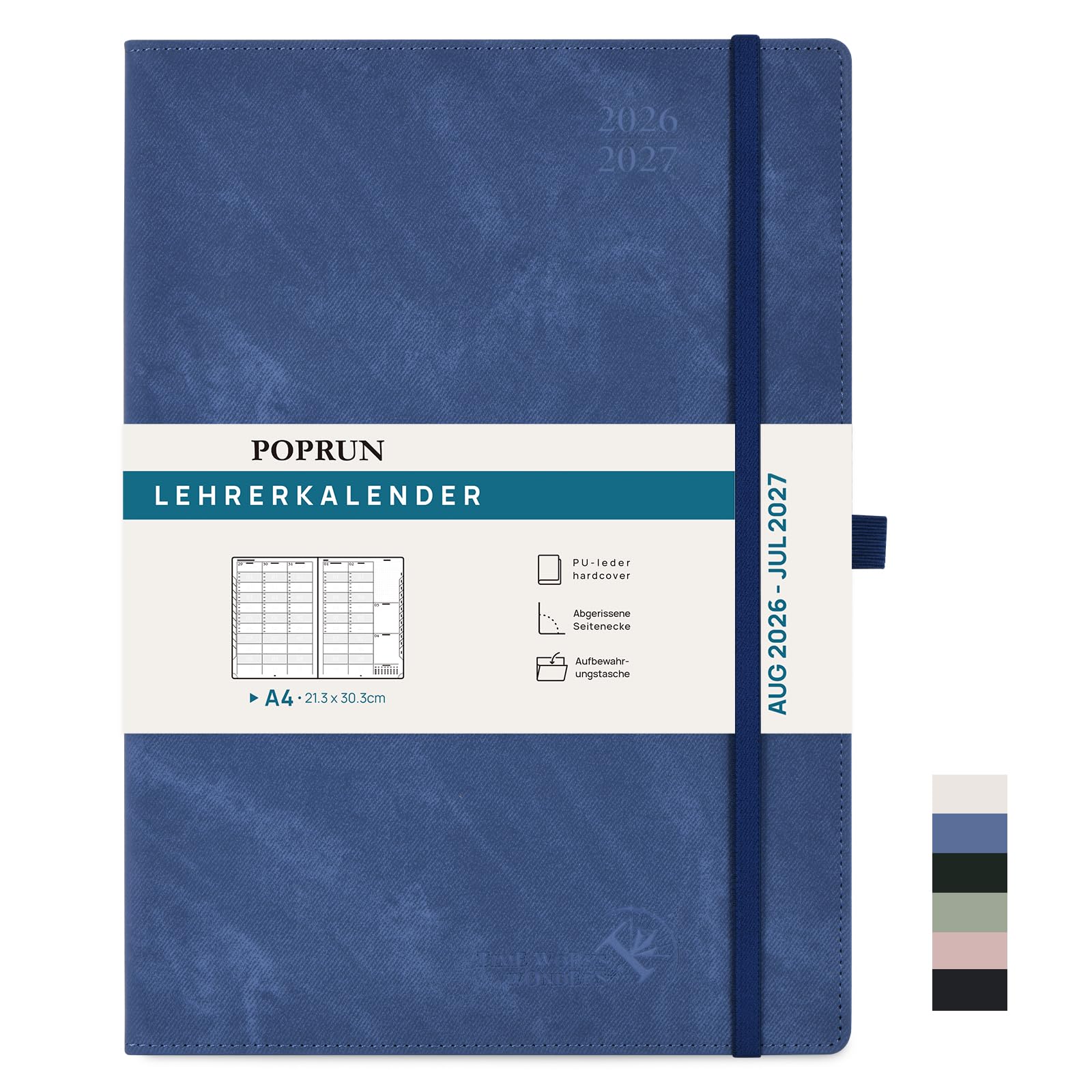POPRUN Lehrerkalender 2026 2027 A4 auf Deutsch - Lehrerplaner 26/27 für die Unterrichtsvorbereitung mit Monatliches Register. Schulplaner mit PU-Leder Hardcover für Lehrerinnen und Lehrer