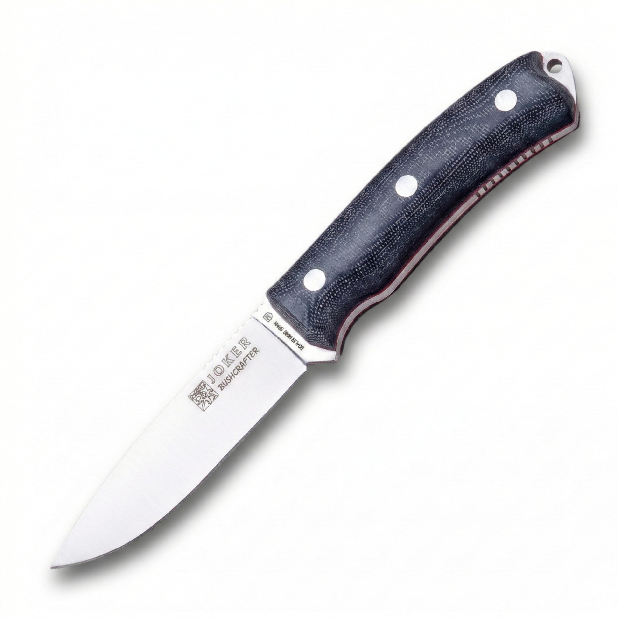 Joker Cuchillo Bushcraft deportivo Bushcrafter CM120-P, mango micarta negra, hoja de 10,5 cm, funda piel con pedernal y rascador, Herramienta de pesca, caza, camping y senderismo