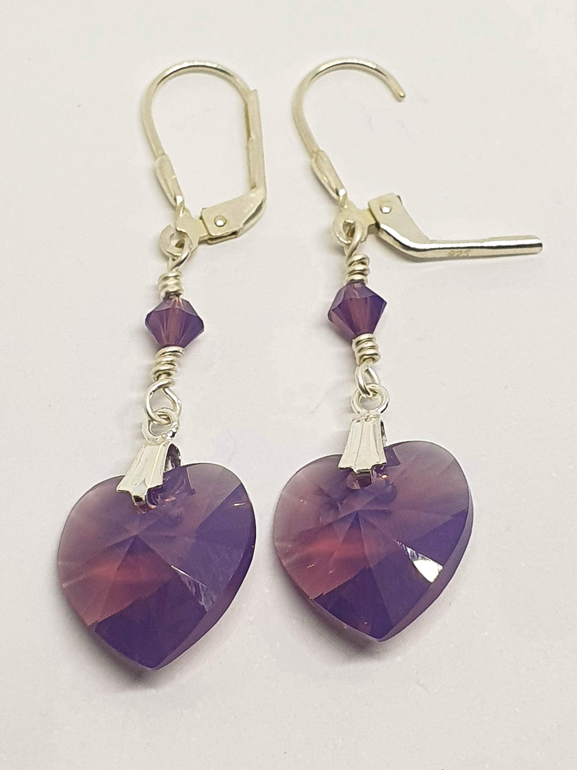 IohanaSchmuck Ohrschmuck Handmade 925 Silber Ohrringe, Ohrclips mit hochwertigen Kristalle Swar Herz Cyclamen Opal, eigene Herstellung