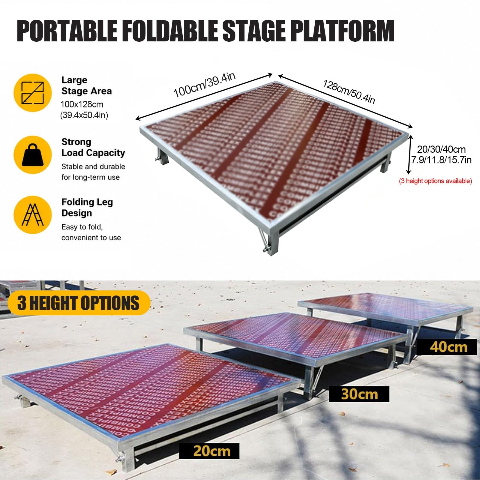 Palco pieghevole e portatile, portata 500 kg, gambe pieghevoli, design modulare per concerti, DJ, feste ed eventi(100x128x30cm/39.4x50.4x11.8in)