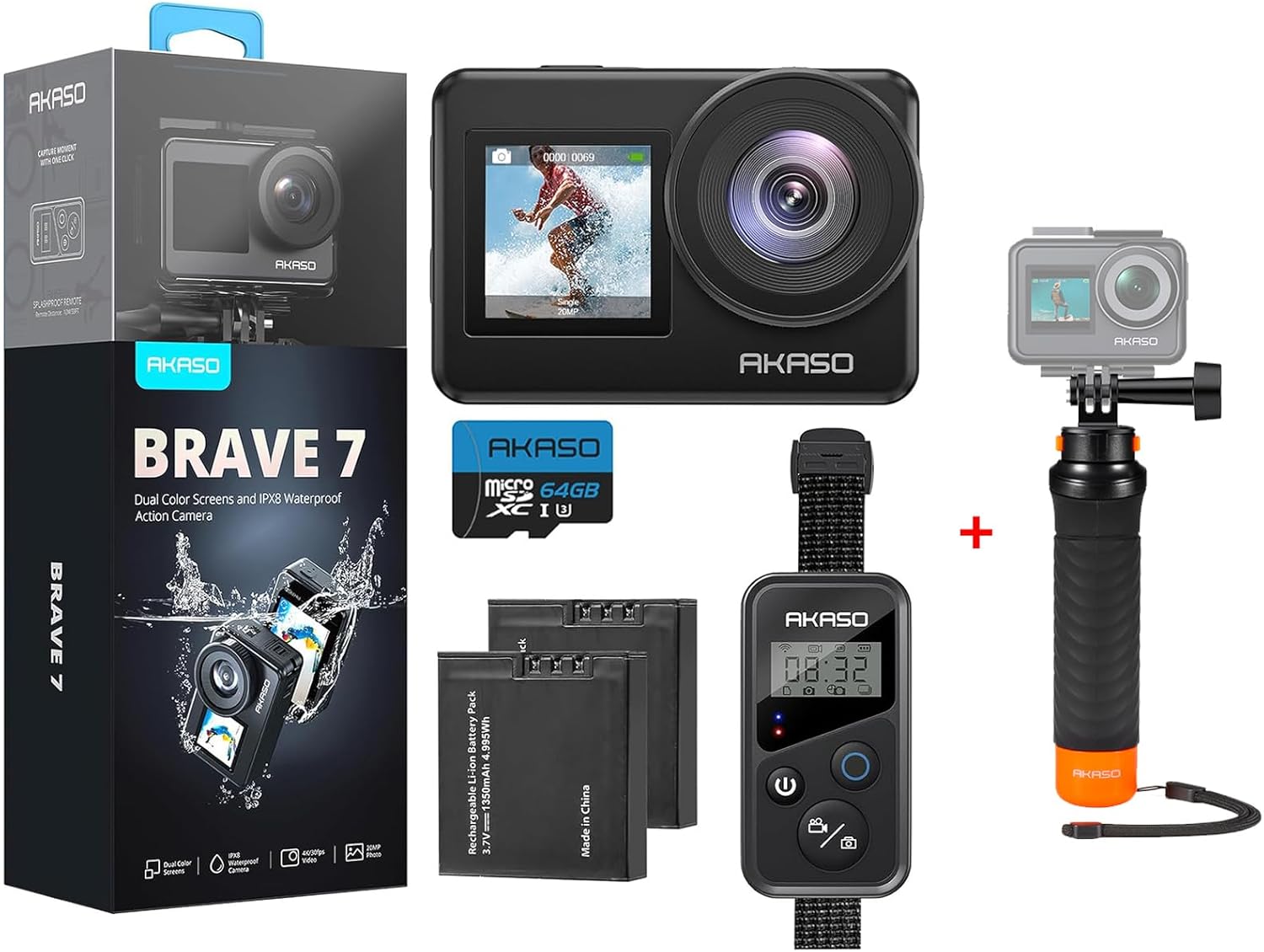 AKASO Brave 7 Action Camera with 64GB U3 SD Card and Waterproof Floating Hand Grip