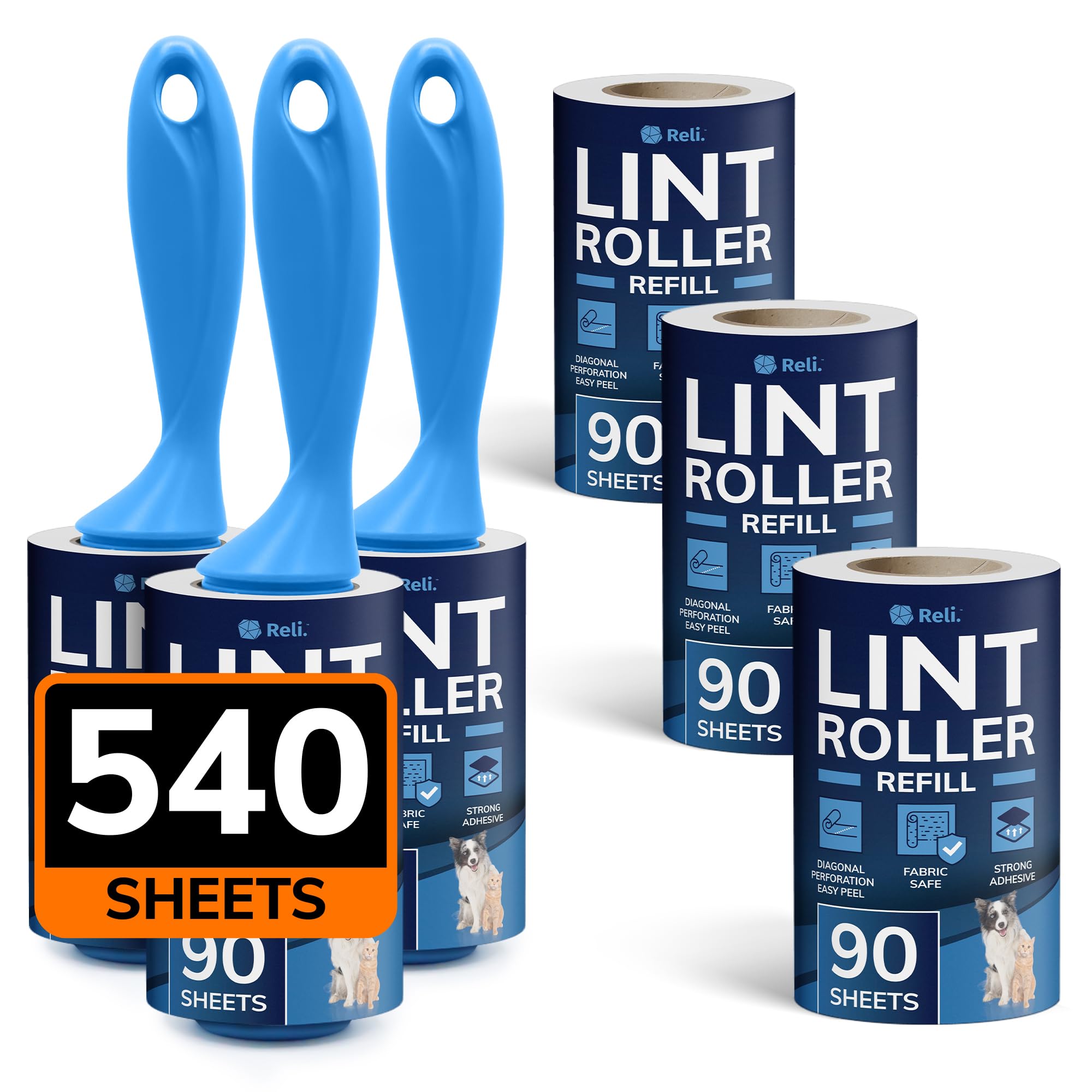Reli. Lint Rollers for Pet Hair Extra Sticky, 540 Sheets Total Dog & Cat Hair Remover 6