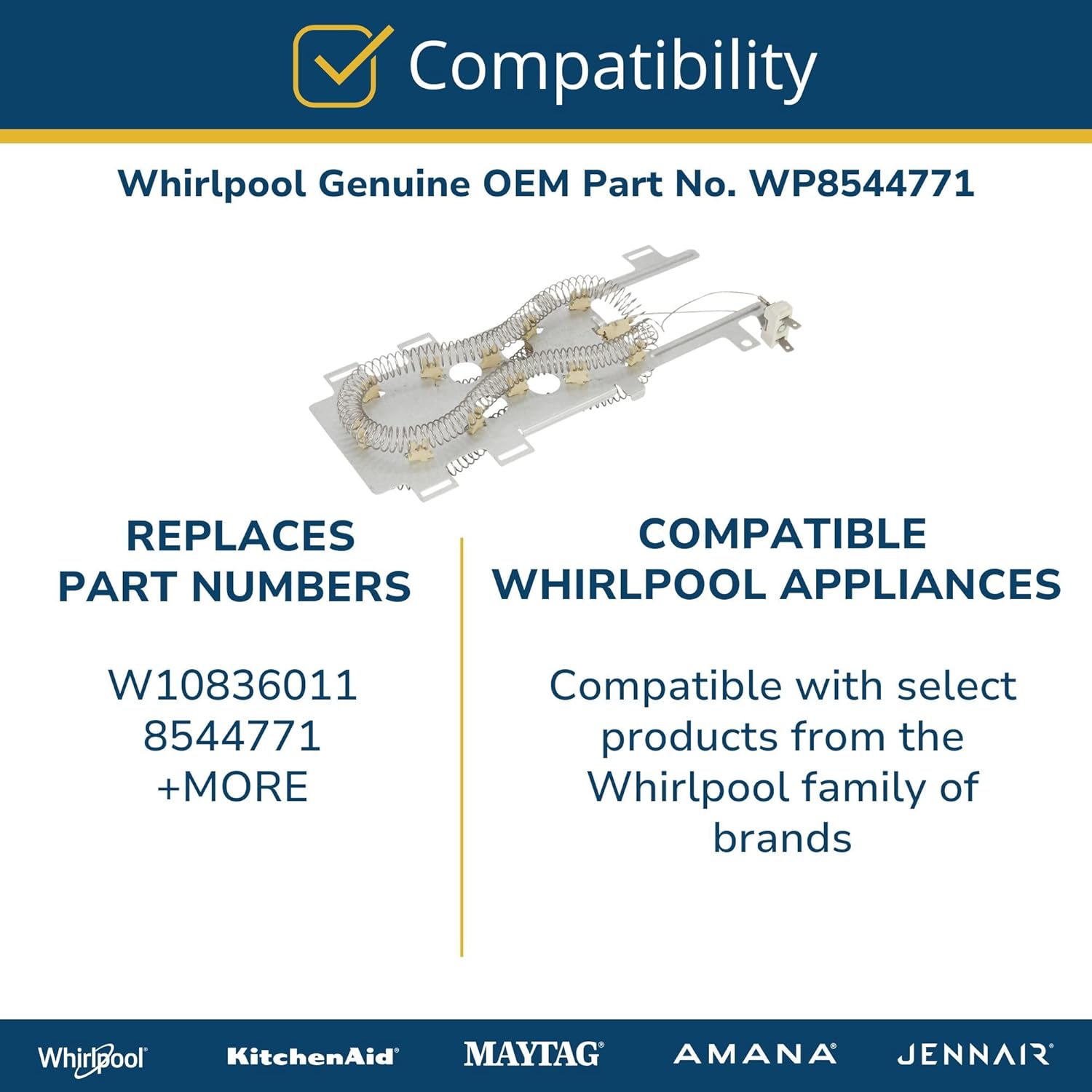 Whirlpool WP8544771 Genuine OEM Dryer Heating Element Assembly Replacement Part - Replaces W10836011, 8544771
