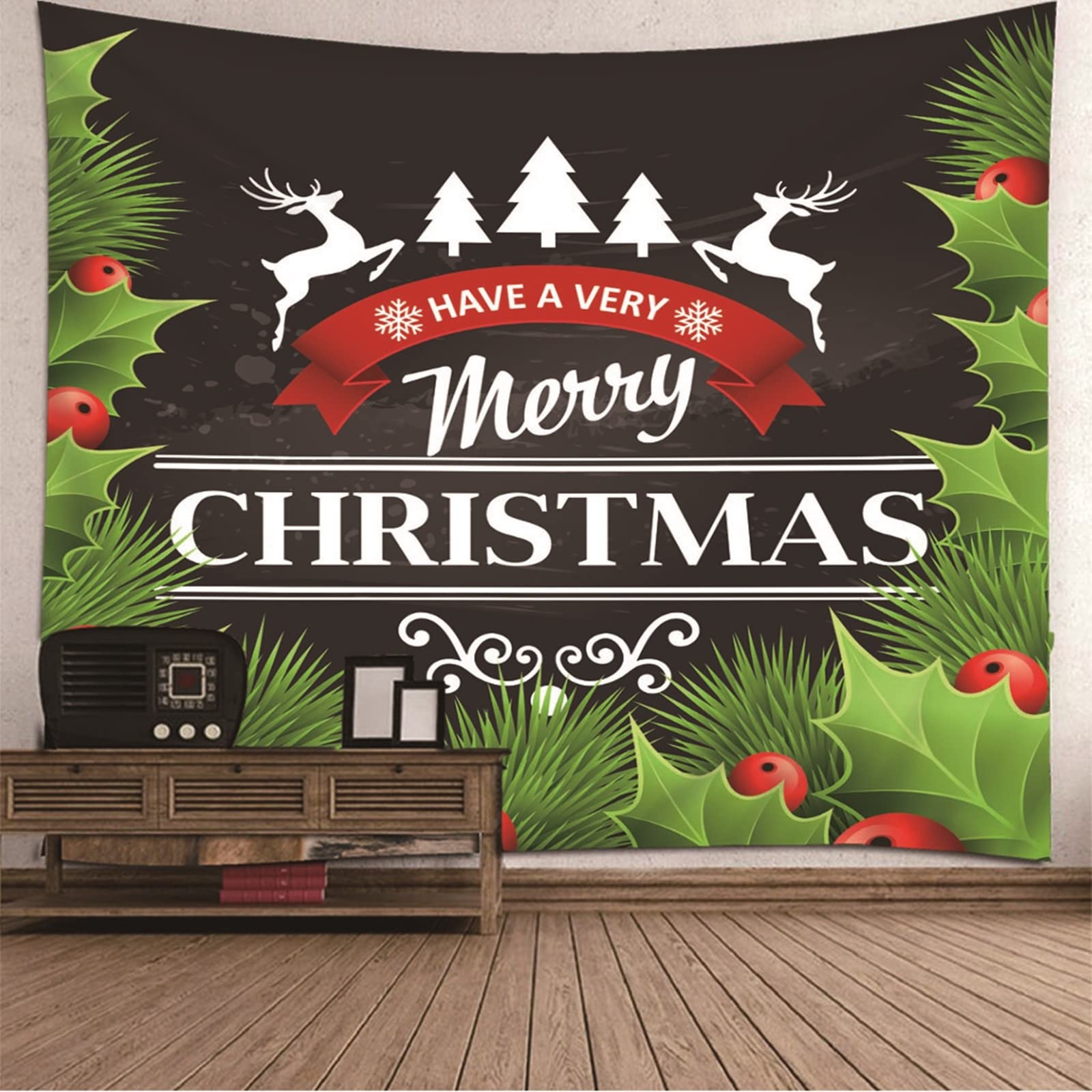 KnSam Wandbehang 300x260cm, Elk Weihnachtsbaum Schneeflocke Weihnachtsdekoration Muster Tapisserie Tagesdecke aus Polyester für Raumdekoration, Wanddekorationskunst, Rot Grün Weiß Schwarz