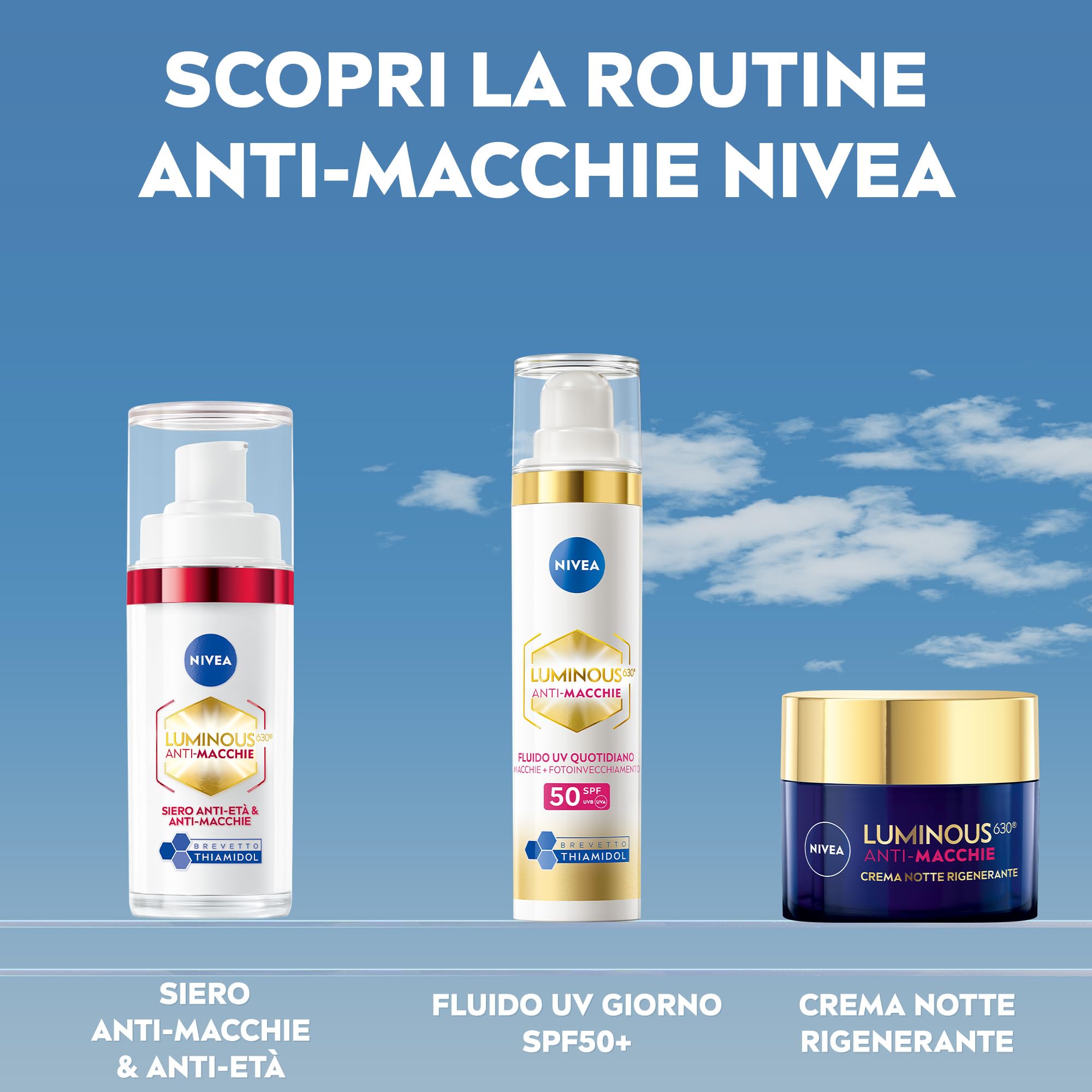 NIVEA Luminous630 Skincare Kit Anti-Macchie, Set skincare completo con Siero Viso Anti-Età & Anti-Macchie 30 ml e Fluido UV Quotidiano Crema viso SPF 50 40 ml con Thiamidol brevettato antimacchia
