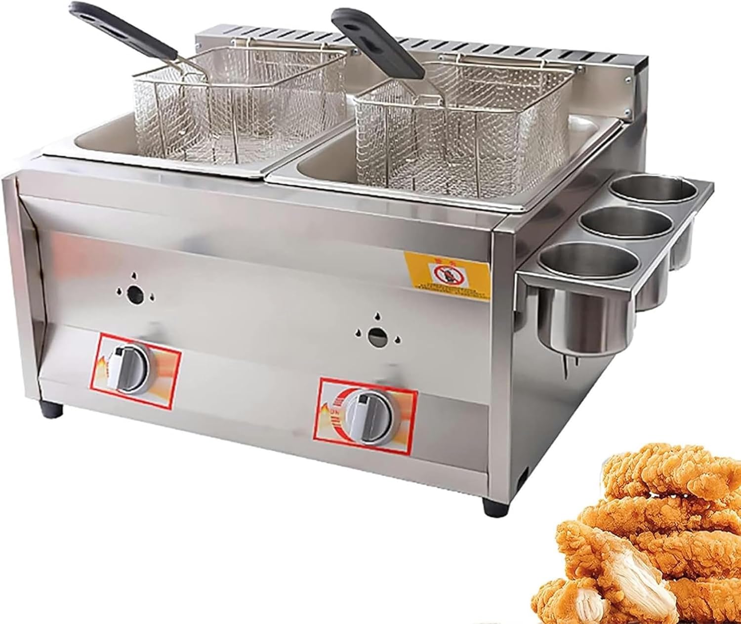 Commercial Gas Deep Fryer Stainless Steel Counter Top Low Pressure Deep Double Pot Frying Machine W/Frying Baskets and Lids for French Fries Turkey Donuts Home Kitchen Restaurant