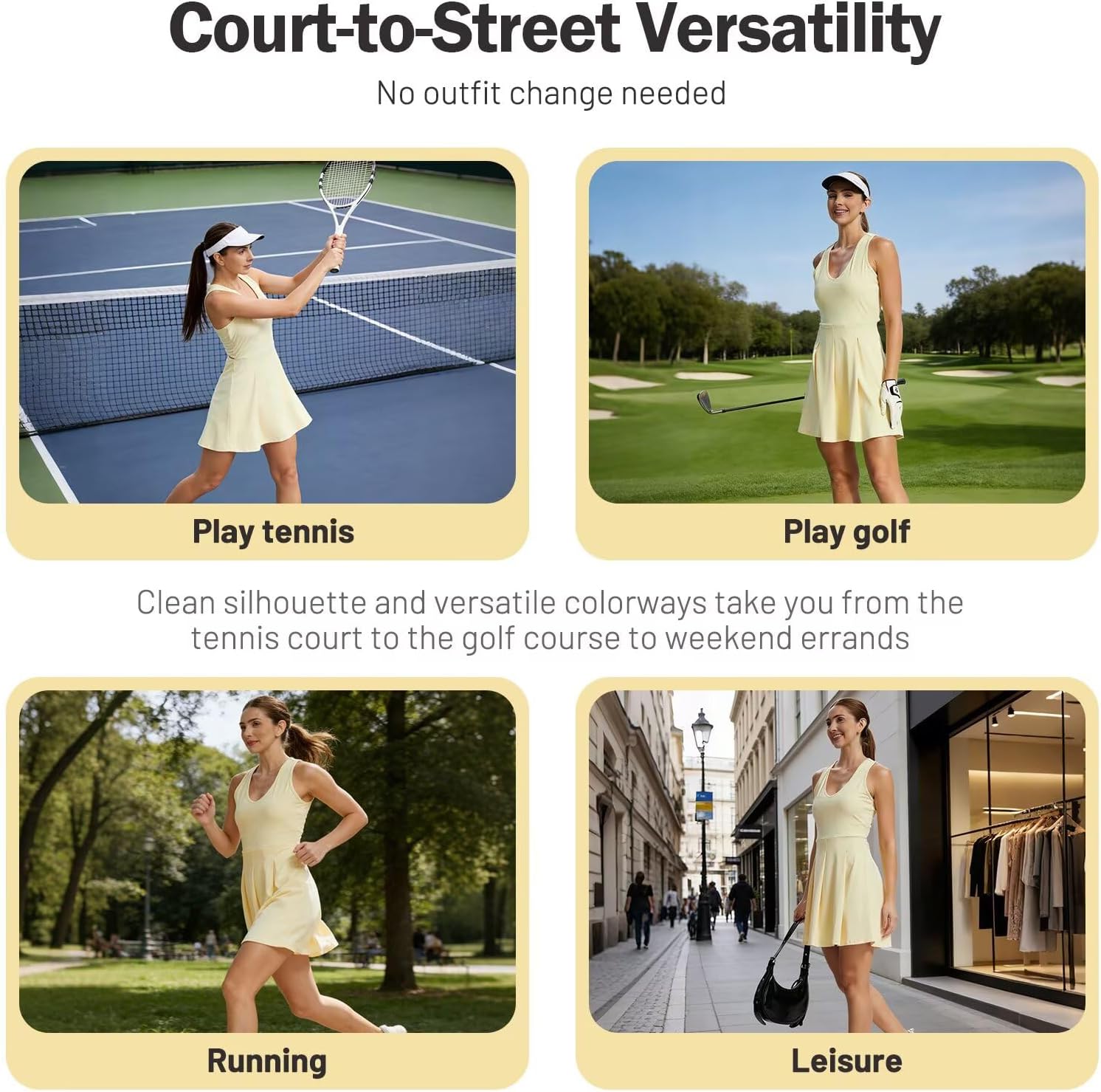 Women's Tennis Golf Dress, Pleated A-Line Racerback with Removable Padding & Detachable Shorts with Pockets