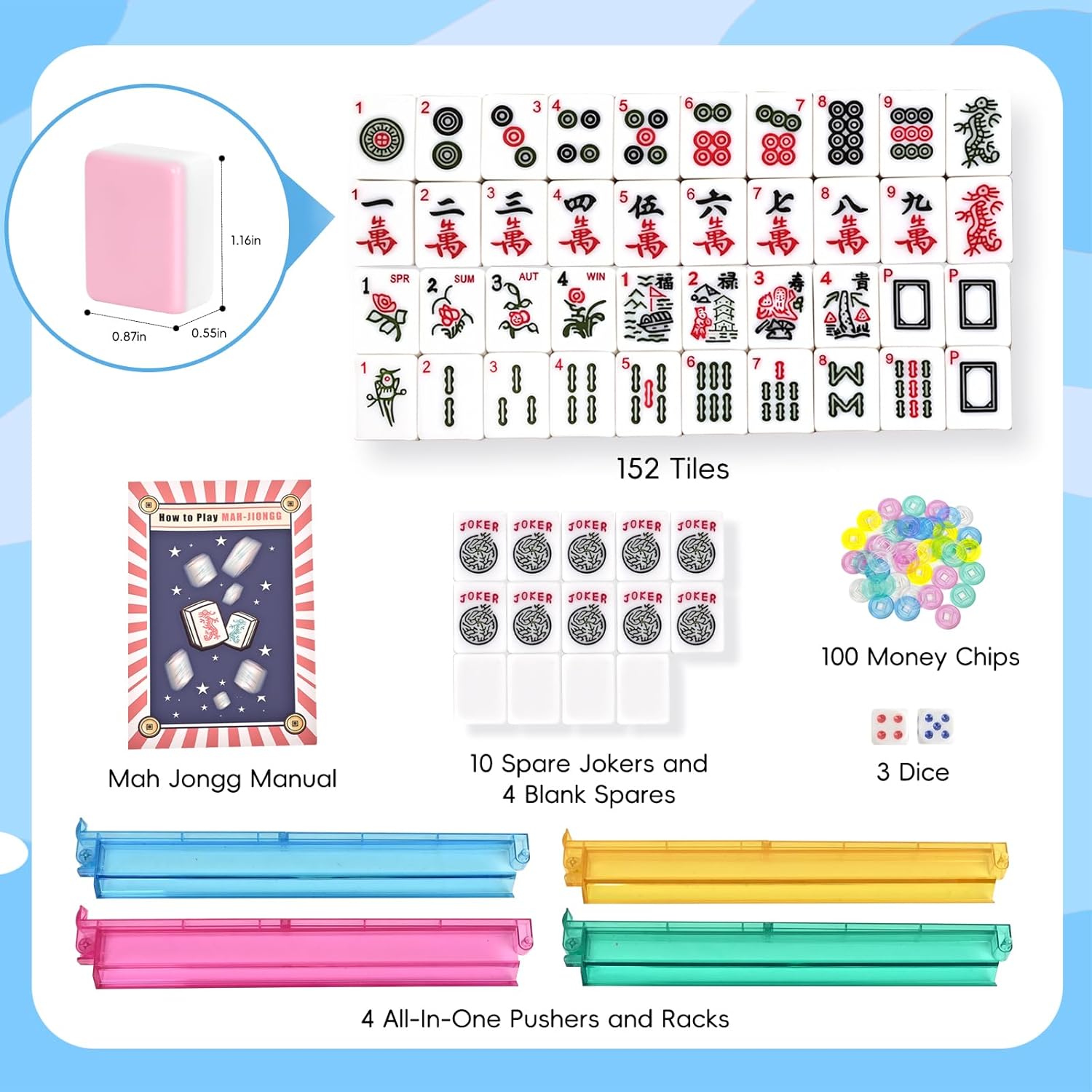 TheClouds American Mahjong Tile Set, 166 Pink Tiles (1.16"), 4 PC All-in-One Color Rack/Pushers, Canvas Storage Bag and Mahjong Accessories, Portable/Complete Mahjong Game Set