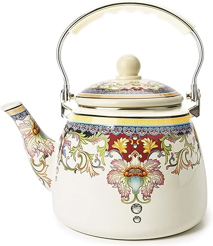 Tetera esmaltada de cerámica floral para estufa, tetera esmaltada de porcelana grande (3.3 cuartos de galón de flor misteriosa)