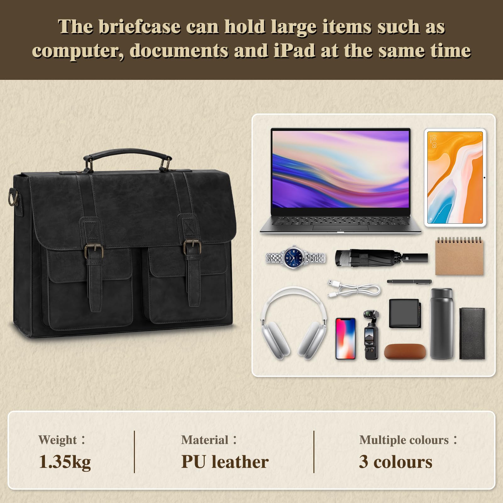 RAINSMORE Borsa Lavoro Uomo PU Pelle Borsa Porta PC 15.6 Pollici Impermeabile Porta Computer Portatile Tracolla per Università Ufficio Nero
