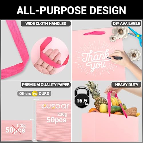 Miniatura 3 de EUSOAR Bolsas grandes de color rosa para regalo, paquete de 50 bolsas de compras de 9.8 x 5.1 x 12.6 pulgadas con asas a granel, bolsas de envoltura