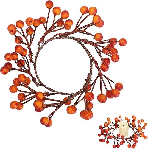 Paquete de 4 anillos de vela de otoño, coronas, corona pequeña, anillo de vela con bayas artificiales de naranja y bayas, anillo de guirnalda de