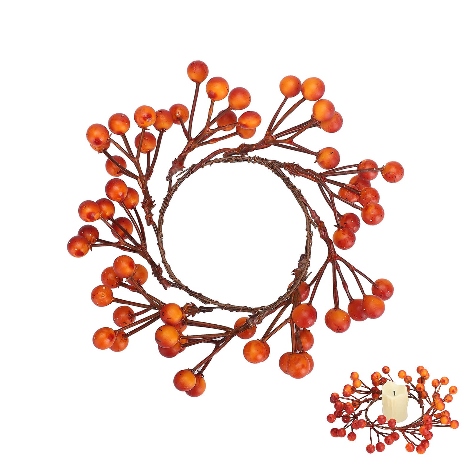 4 Pack Fall Candle Rings Wreaths Small Wreath Candle Ring with Artificial Orange Berries Berries Candle Garland Ring Fall Berry Candle Wreath for Table Centerpiece Decoration(4PCS)