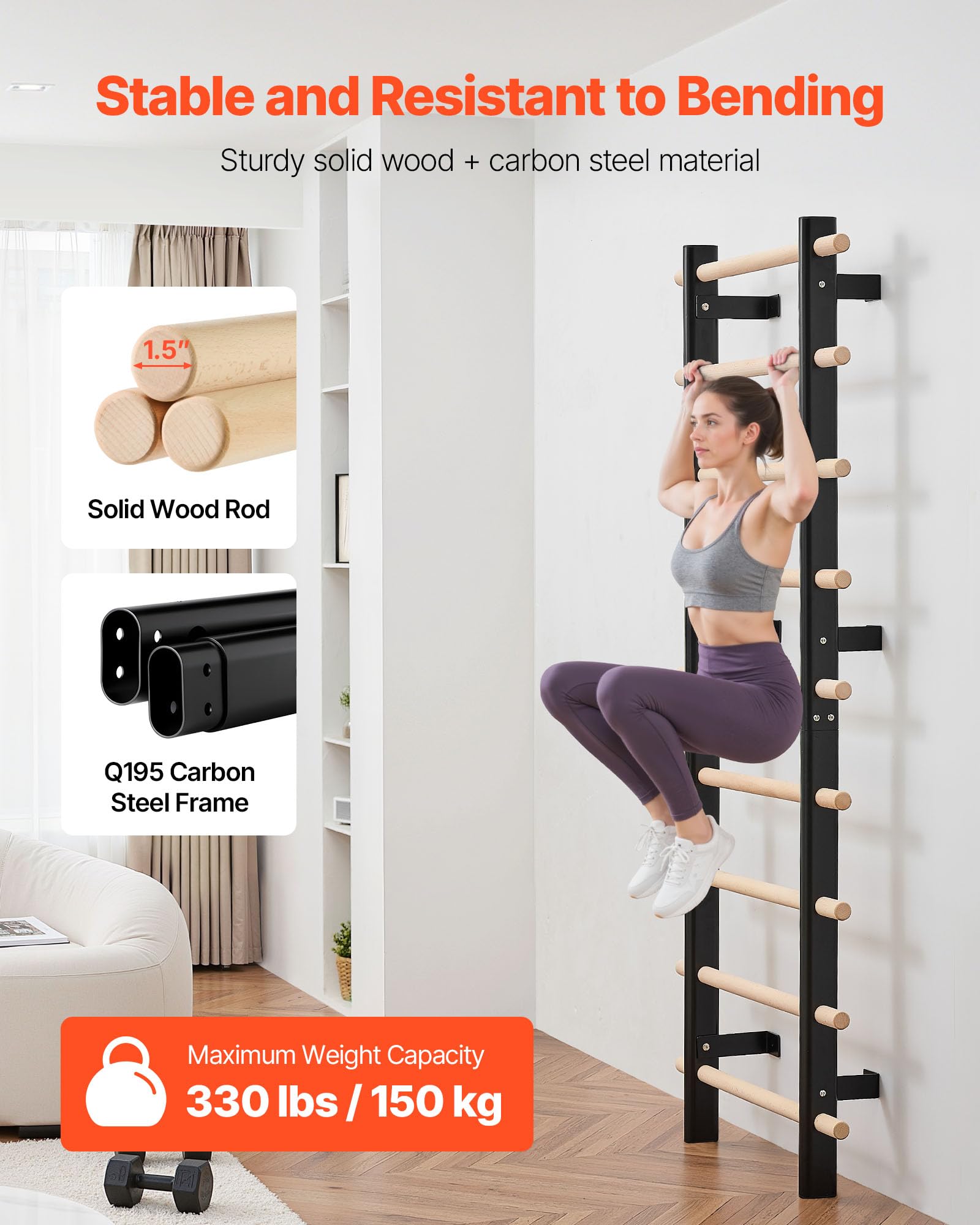 VEVOR Escalera Sueca de Gimnasio con Barras de Madera Maciza 9 Niveles Juego de Entrenamiento con Espaldera para Interior Capacidad de 150 kg Montaje de Pared para Hogar, Estudio de Baile, Gimnasio