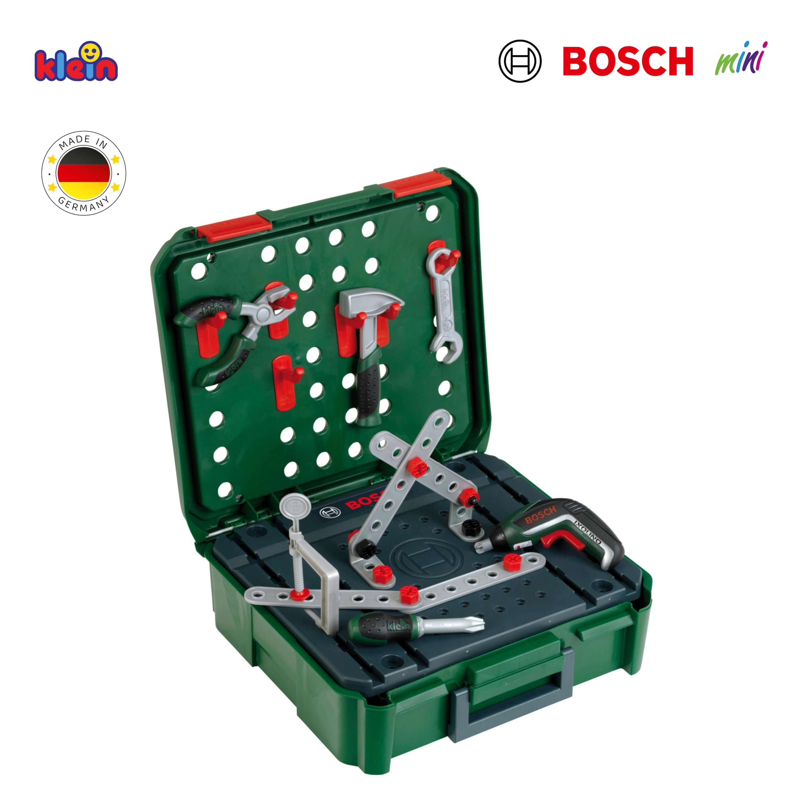 Theo Klein 8396 Bosch stół warsztatowy w walizce + wkrętarka IXOLINO II I Do zabaw budowlanych I W zestawie narzędzia i akcesoria I Zabawka dla dzieci od 3 lat