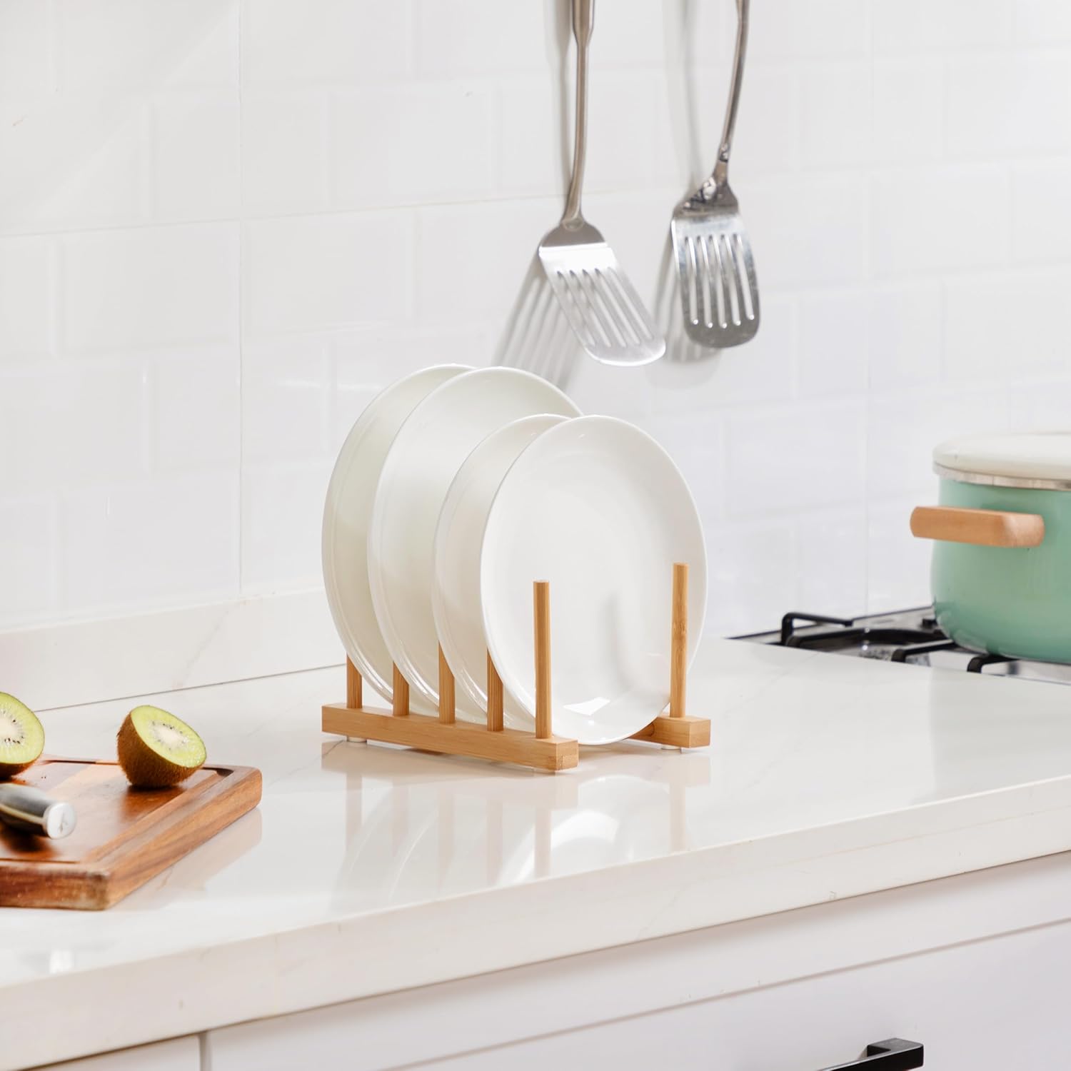 Bamboo Dish Drying Rack for Kitchen Counter and Cabinet, Dish/Book/Plate/Bowl/Cup/Cutting Board/Pot Lid Organizer for Kitchen, Living Room, Study, Display Cabinet (4 Slots) - Image 5