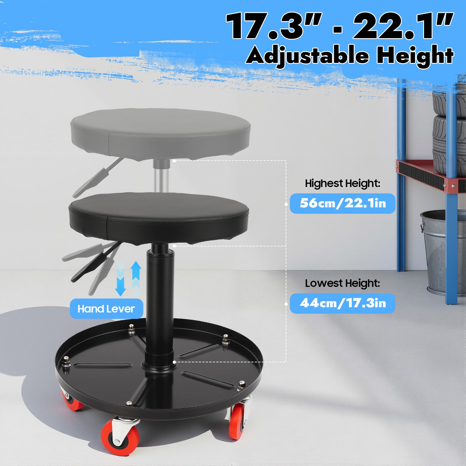 Asiento de taller, taburete de taller con ruedas, bandeja de almacenamiento, rotación de 360°, altura ajustable para reparación de coches, mantenimiento, tiendas, oficinas