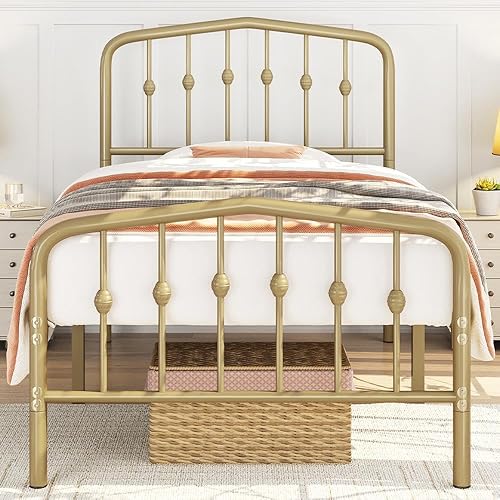 Miniatura 5 de Yaheetech Base de cama individual de metal con cabecera arqueada y estribo, fácil montaje, no necesita somier, estilo moderno, dorado antiguo, 2
