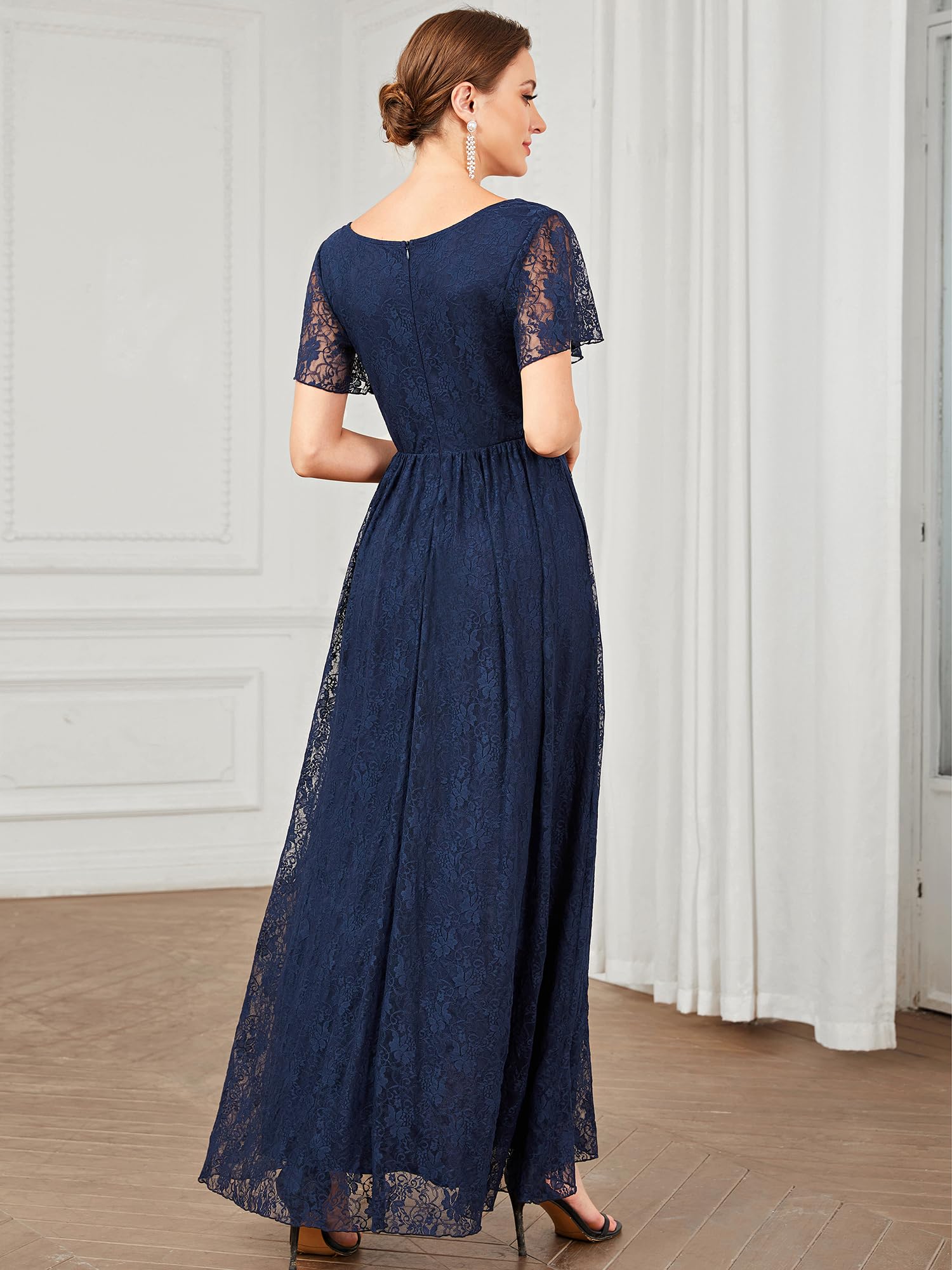 Ever-Pretty Robe Demoiselle d'honneur Femme Longue Asymétrique Dentelle Manches Courtes Col V Fluide Chic EE01489