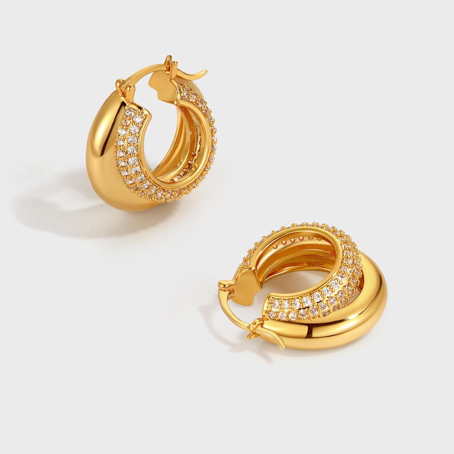 Double Hoop Earrings for Women, Cubic Zirconia Huggies 18K Gold Plated Thick Huggie Hoops Hypoallergenic Trendy Two Hoop Earring Styles Chunky Gold Hoop Earrings Gifts for Women - Image 5