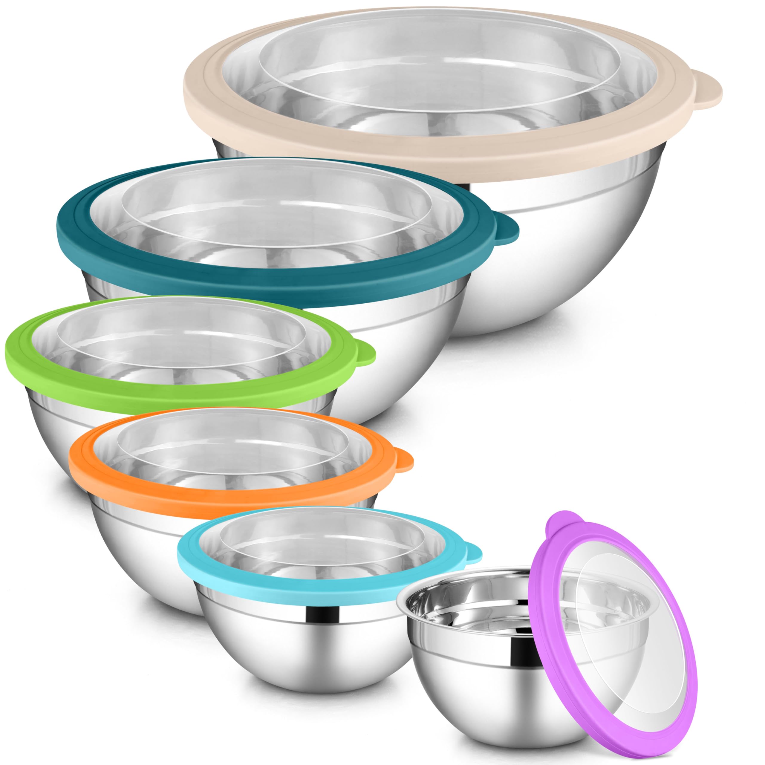 LIANYU Rührschüsseln mit sichtbarem Deckel, 6er-Set, Edelstahl, Metall, Salatschüsseln, groß und klein, 7, 3,5, 2,5, 2, 1,5, 1QT, Größe für Küche, Backen, Aufbewahrung, Lebensmittelzubereitung