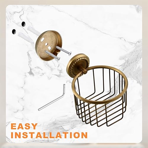 Miniatura 8 de Soporte de papel higiénico vintage montado en la pared para baño, cesta de alambre de tejido, latón antiguo