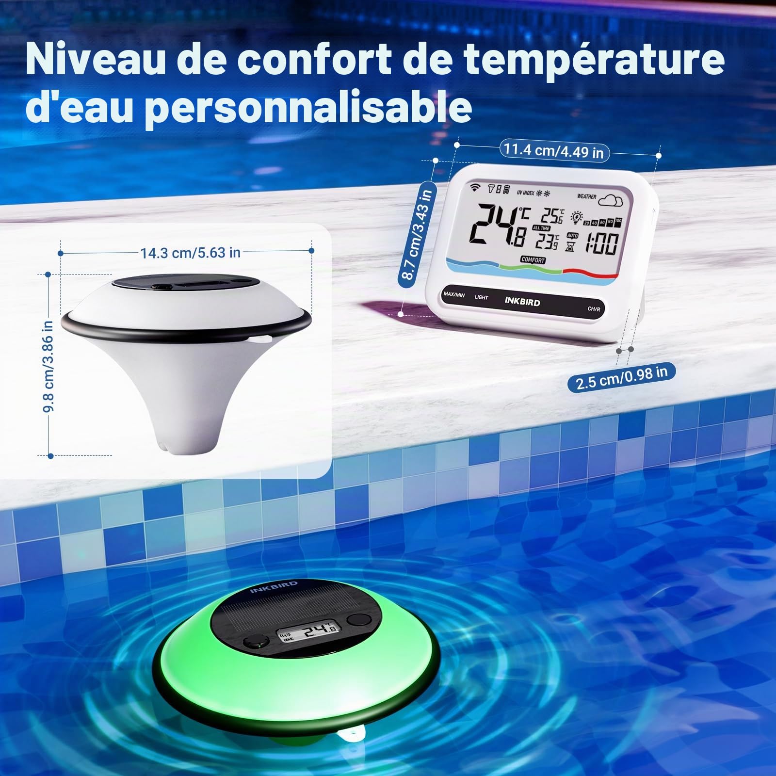 Inkbird Thermomètre Piscine WiFi Solaire, Étanche IP68, Lumières Multicolores, 3 Modes Auto-On, Moniteur Multifonctionnel, Contrôle App