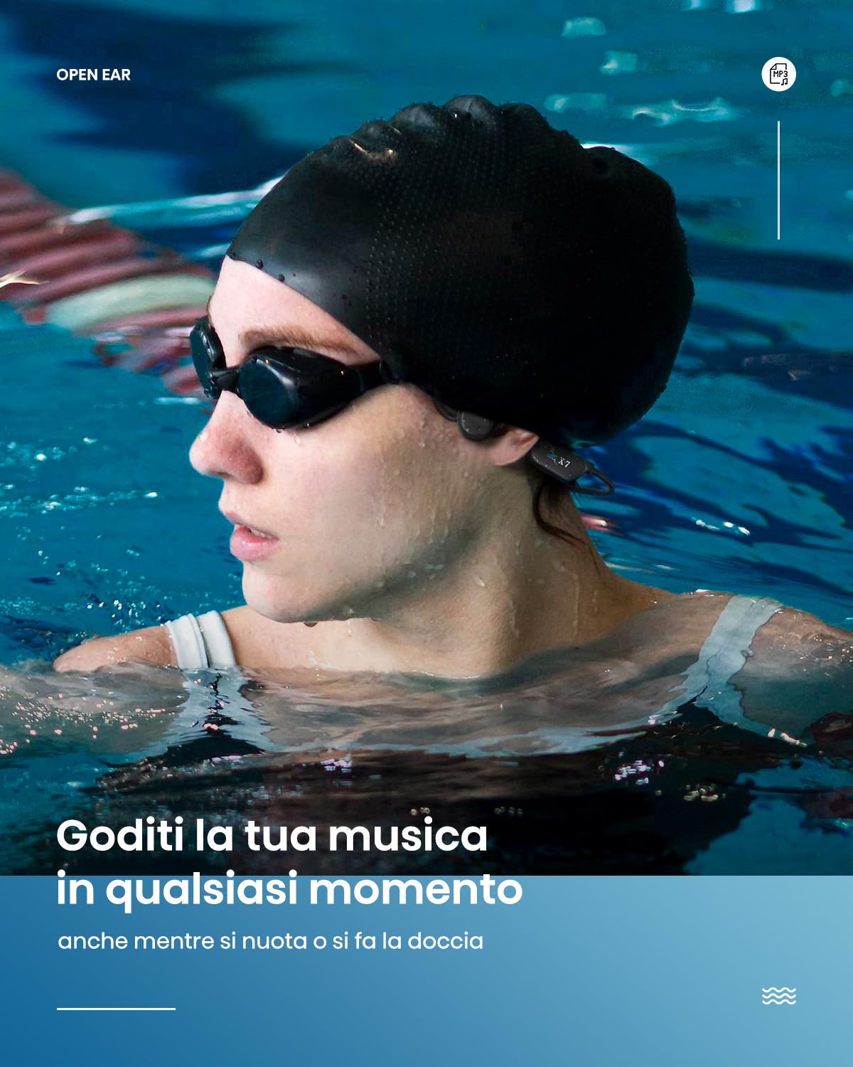 Cuffie Conduzione Ossea, Cuffie Nuoto per Piscina IP68, Auricolari Conduzione Ossea Bluetooth 5.4, Built-in MP3 32G Memoria, Auricolari Subacquee per il Surf, Nuoto, Corsa, Ciclismo