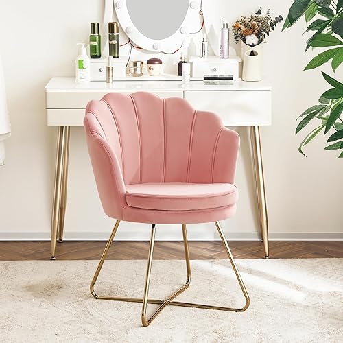 Miniatura 9 de Furnimart Silla de tocador rosa con respaldo, sillas decorativas de terciopelo para sala de estar, dormitorio, silla cruzada con patas doradas, sin