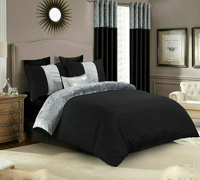 XXR Crushed velvet Microfiber Panel Duvet Quilt cover bedding set with Pillowcases (Black/Silver, King)