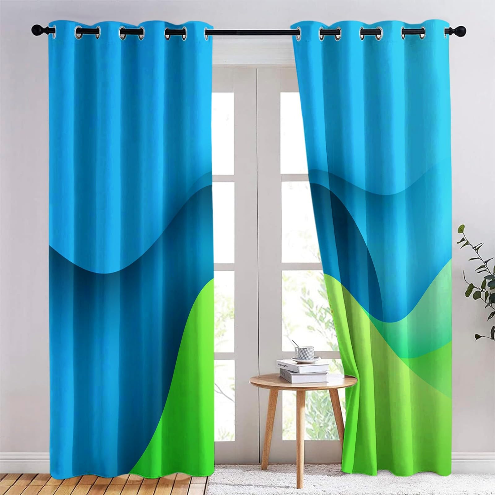 Générique Rideaux Occultants Enfant Minimalisme Lignes 110 x 215 cm (L x H), Isolation Phonique à Œillets Dégradés Formes Plates, pour Chambre Garçon (2 Panneaux) Bleu