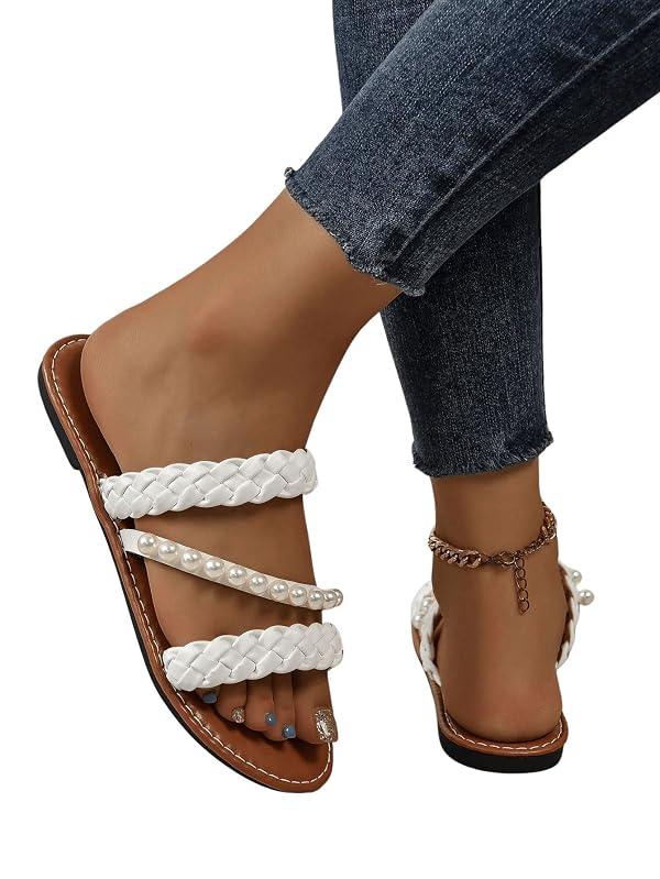 Verdusa Women's Pearls Braided Flat Sandals Open Toe Slip On Beach Slides White 8 by Verdusa - Image 5
