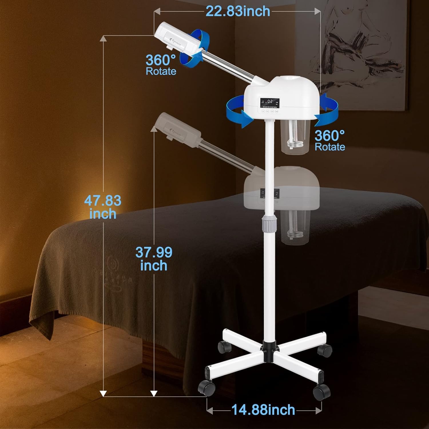 Professioneller Gesichtsdampfer mit LCD-Bildschirm, höhenverstellbarer Ständer mit Rädern, 360° drehbarer Kopf, Hautfeuchtigkeitspflege kompatibel für Salon und Spa (Weiß)