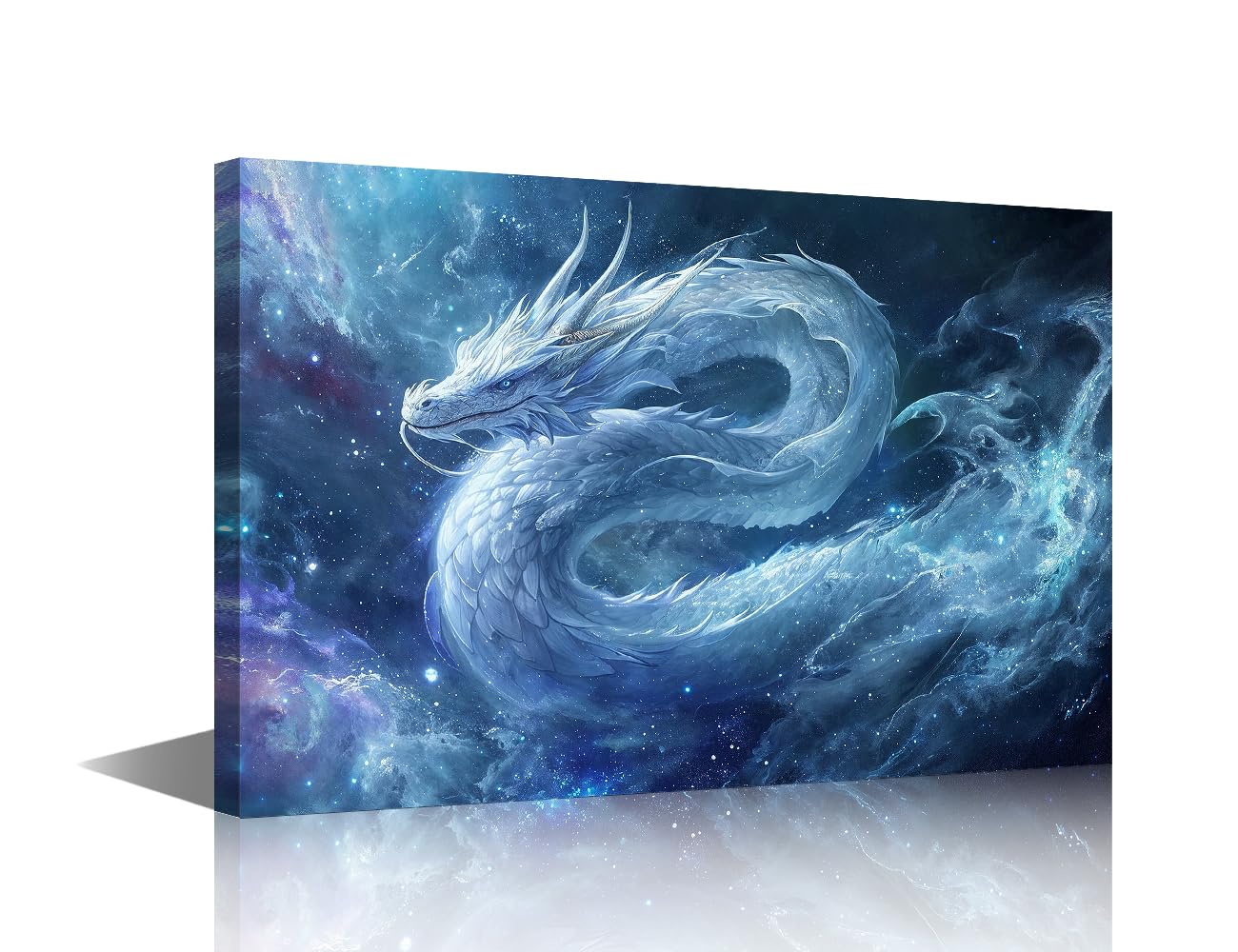 TISHIRON White Dragon Wall Art for Living Room Medieval Fantasy Canvas Wall Art Pictures Posters Universe Galaxy Modern Wall Decor Art for Bedroom Office Giclee Framed Ready to Hang, 18x12in