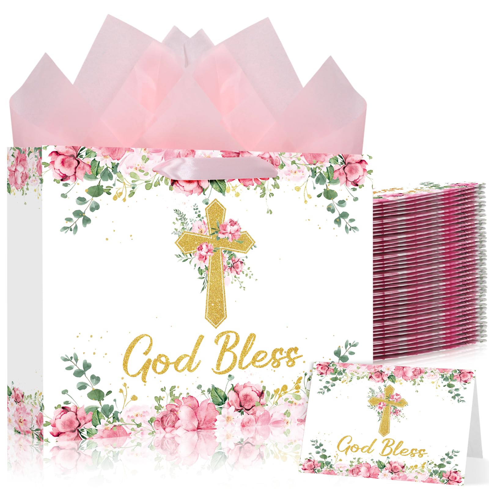 Maitys 12 Pack 12.6" Large Baptism God Bless Gift Bags with Tissue Papers &amp; Greeting Cards Pink Baptism Gift Wrapping Bag for Girls Confirmation First Communion Christian Religious Party Decorations