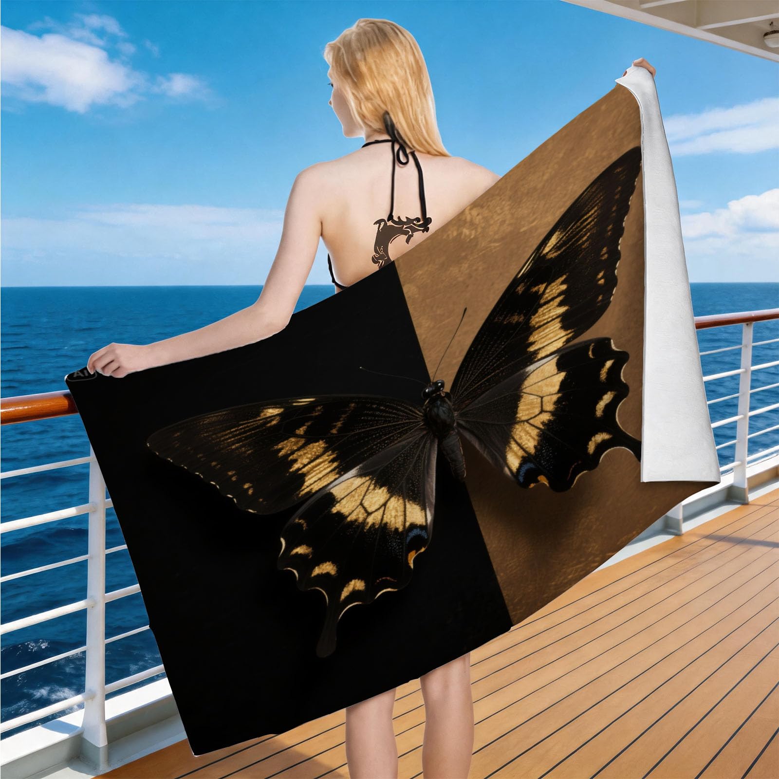 Hongduo Microfiber Quick Dry Beach Towel Black Gold Butterfly, 3D Simple Themed Beach Towels Absorbent Fast Drying Bath Towels, Travel Camping Gym Swimming Bathroom (70x150cm)