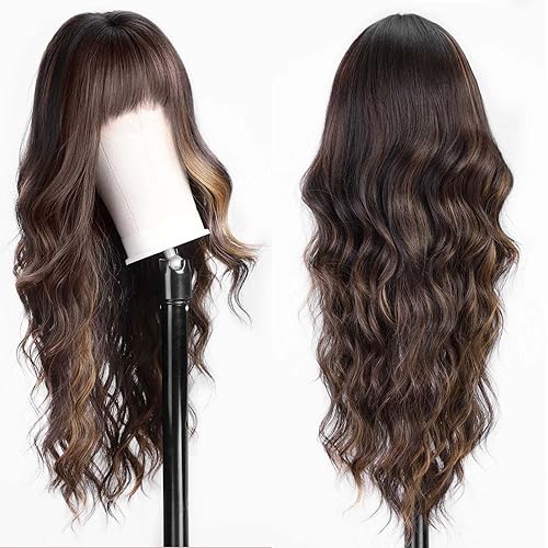 Miniatura 10 de HAIRCUBE Peluca rubia ombré, peluca larga y rizada con flequillo, aspecto natural, peluca sintética resistente al calor Rubio ceniza,Rubio