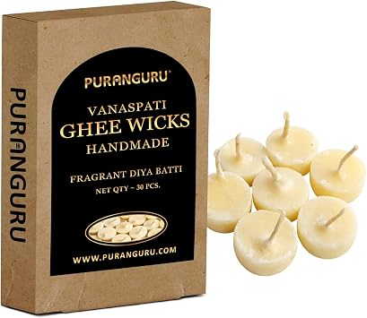 Vanaspati Ghee Wicks | 30 Per Box | Upto 30 Mins | Fragrant Ghee Wicks for Pooja | Handmade Cotton Dipped Ghee Diya Wicks | Ghee Lamp Wicks Jyot Batti | Home Puja Aarti Jyoti Puja Samagri