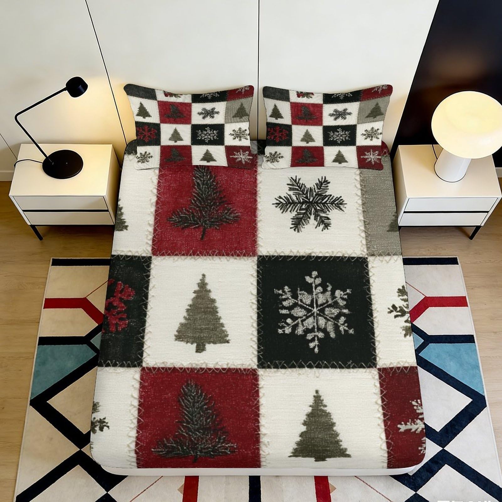 3D Printed Christmas Tree Fitted Sheet Microfiber Winter Snowflake Bed Cover for Bedroom Guest Room Decor 90x200x25cm