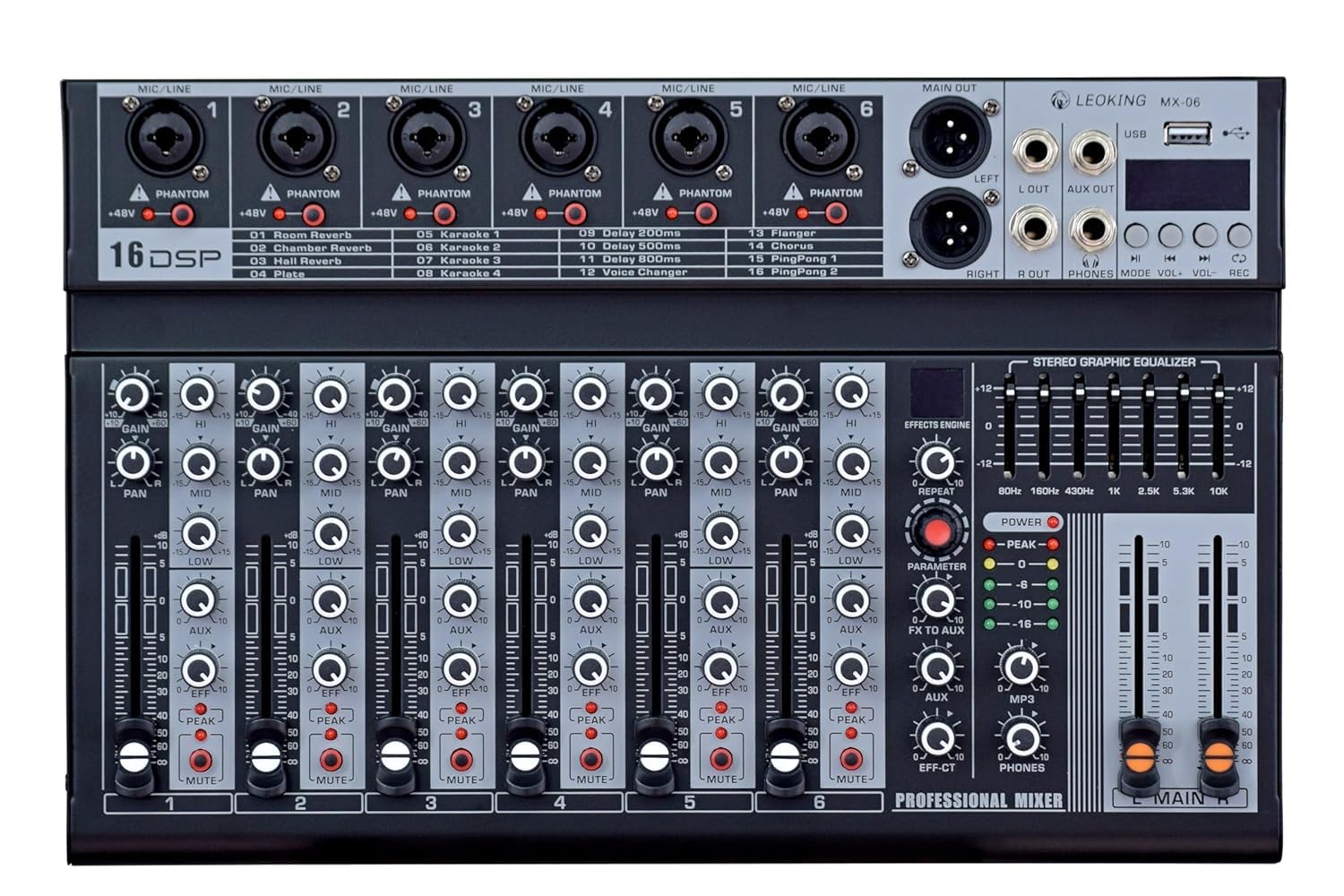 kh 6 Channel Professional Audio Mixer 6-channel built-in EQ/ 99-DSP/recording mode reverb Bluetooth/PC/USB/MP3 playback Concert Karaoke home singing live audio equipment 48V Phantom-image-31