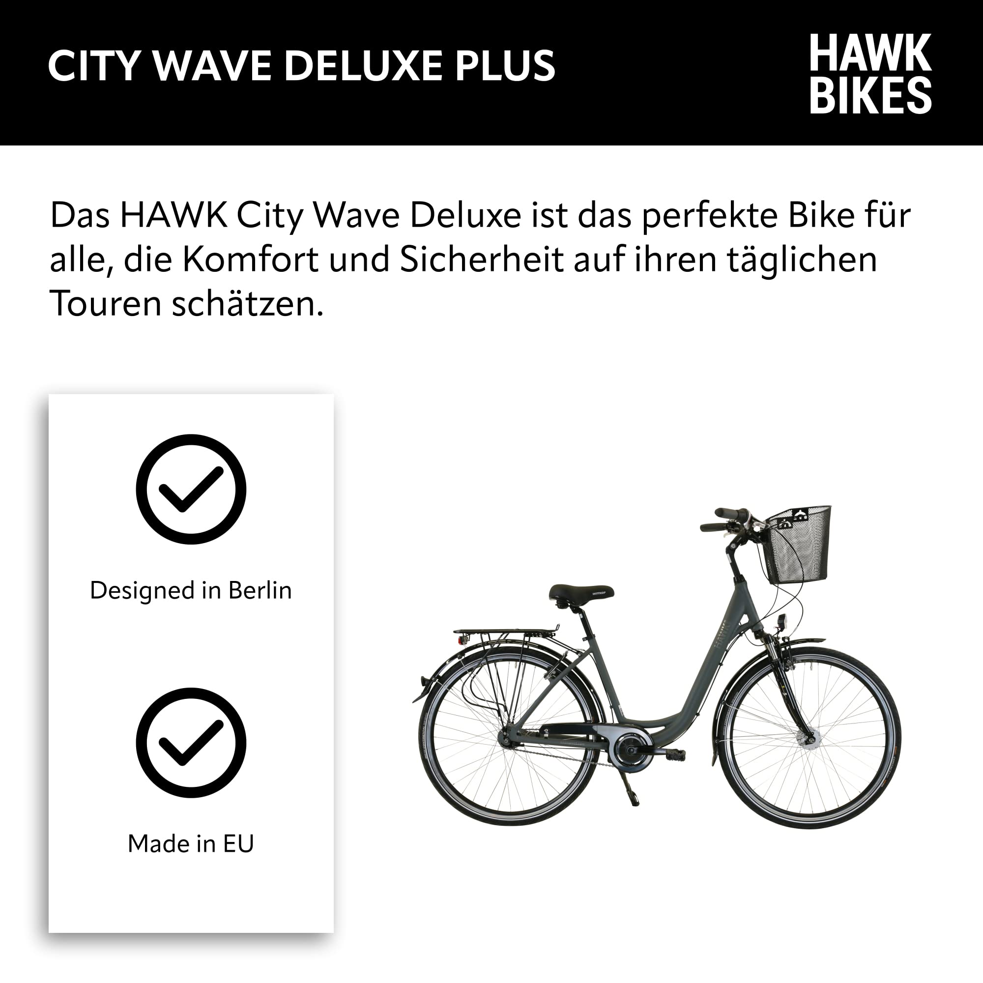 HAWK City Wave Deluxe Plus with Basket I Women's Bike Lightweight Bicycle with 7 Speed Shimano and Hub Dynamo