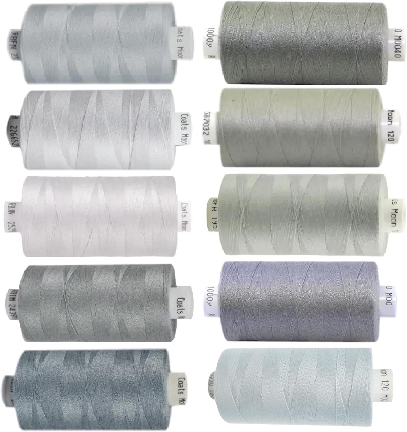 Moon Assorted Sewing Thread Box of 10 reels Coats Moon Polyester All Purpose Threads for Sewing Overlocker Quilting Stitching Threads Set 1000 Yards Each spools (Coats Moon Sewing Threads Multi Greys)