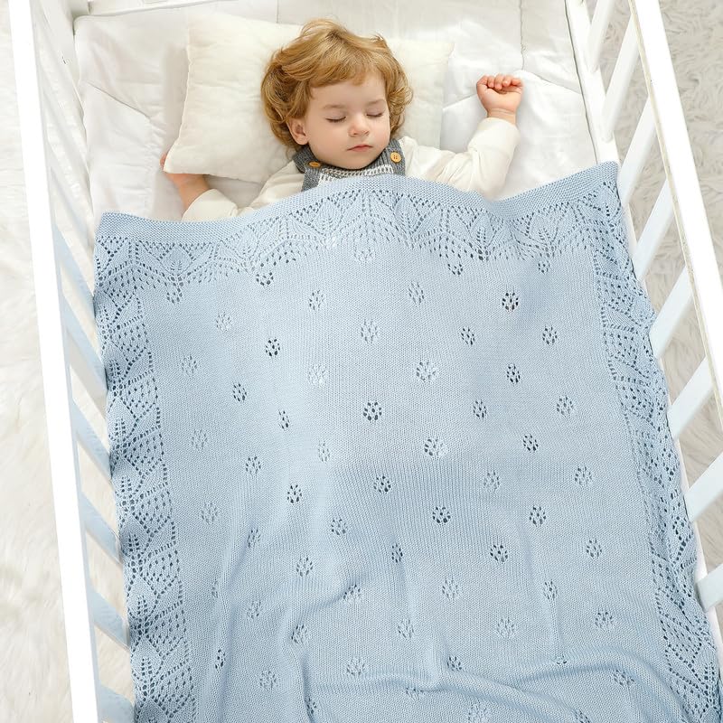 LAWKUL Cellular Blanket Baby 100% Cotton Knitted Soft Blankets Knit Crochet Newborn Swaddle Boy Girls Toddler 100x80cm Blue - Image 2