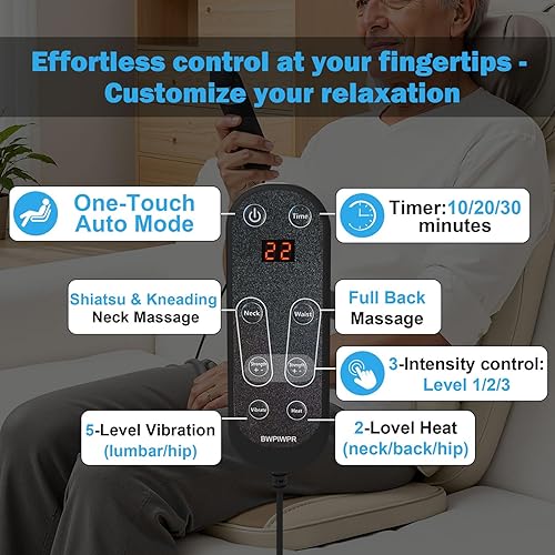 Miniatura 6 de Cojín de masaje Shiatsu con calor para cuello y espalda, amasado 4D, vibración y diseño de doble cuello, intensidad y altura ajustables, ayuda con