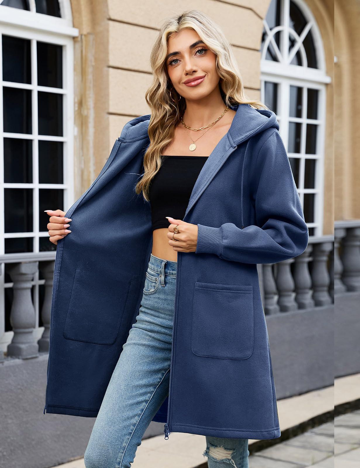 Vancavoo Sweat Long Femme à Capuche avec Fermeture Éclair Bidirectionnelle | Veste Longue à Cordon, Poignets Côtelés et 2 Poches Plaquées, pour le Quotidien, Printemps et Automne